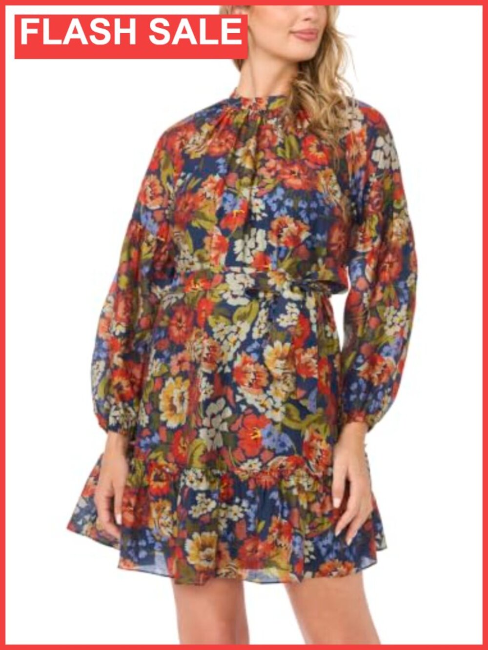 Floral Dolman Sleeve One Tier Mini Dress Self Belt Casual
